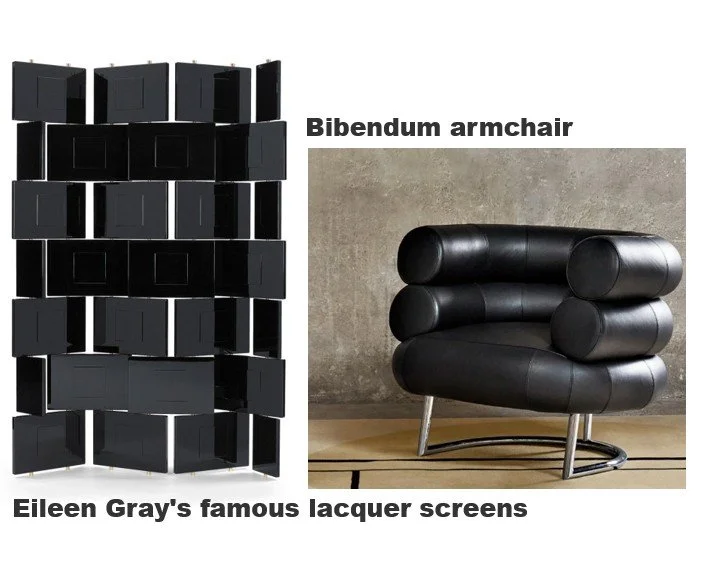 Eileen Gray’s Bibendum armchair and lacquer screens — iconic modernist furniture designs.