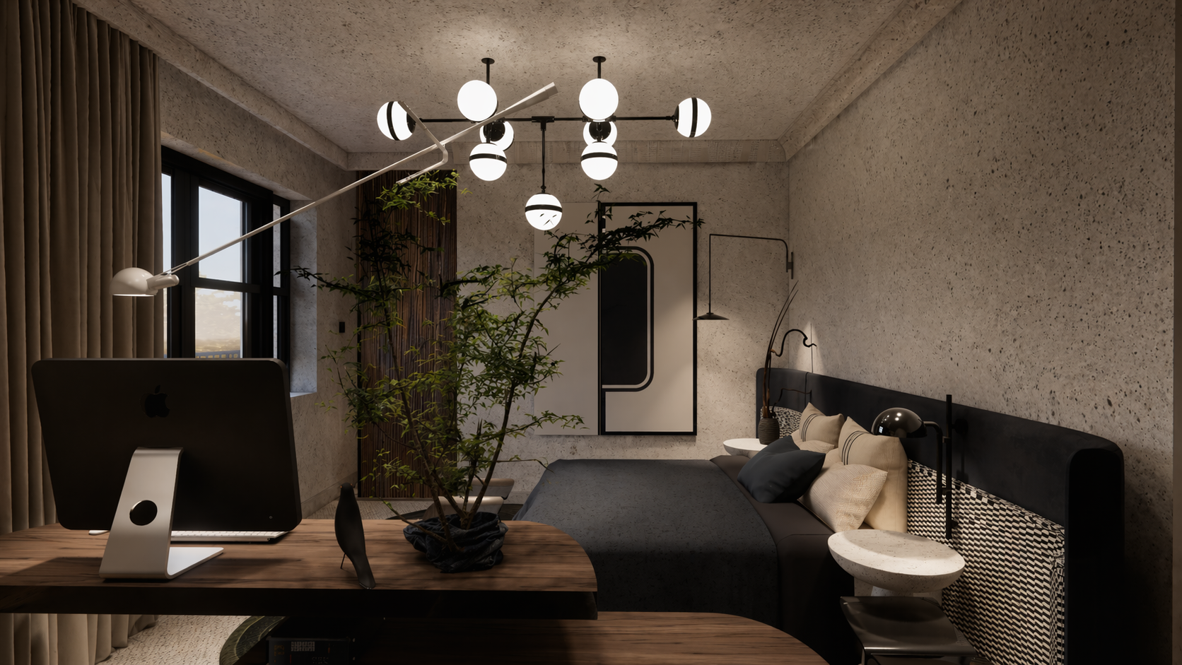 Contemporary London bedroom with integrated home office, textured concrete walls, soft curtains and refined neutral furnishings by Pinterior.space
