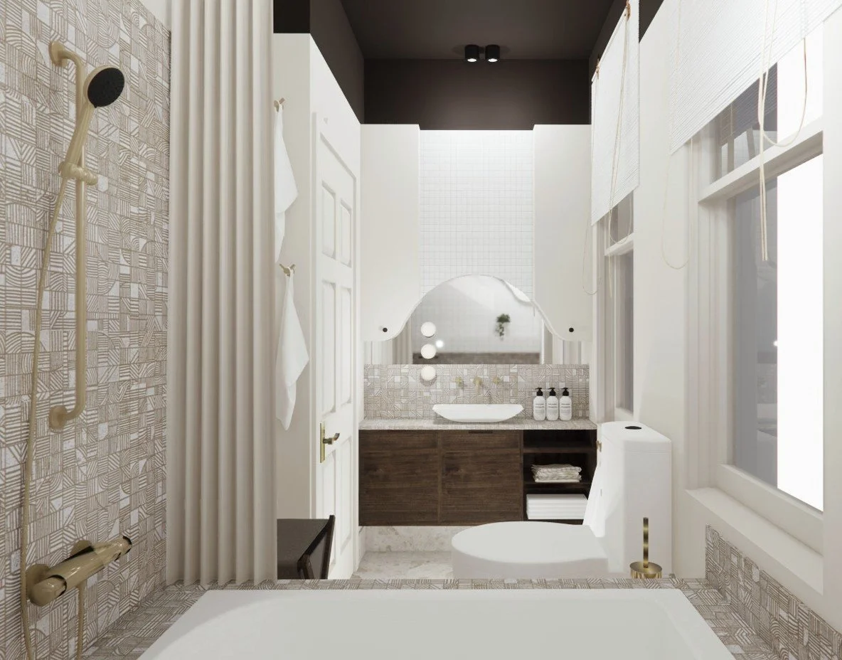 Architectural bathroom interior in London with geometric tiling, sculptural mirror and aligned, proportion‑driven detailing