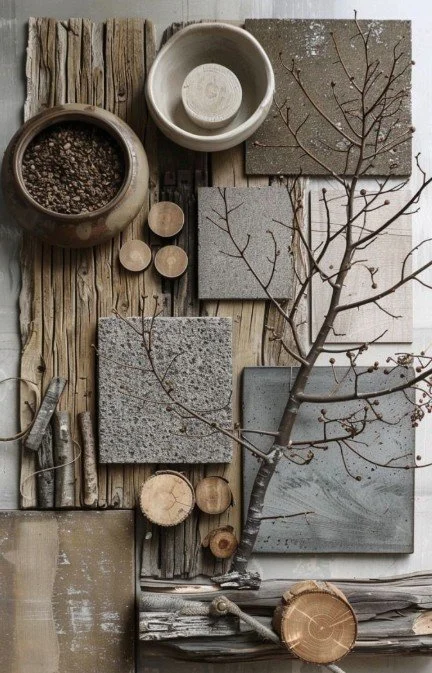 Sample board Scandinavian and Nordic material samples featuring wood, stone, ceramic, and organic textures