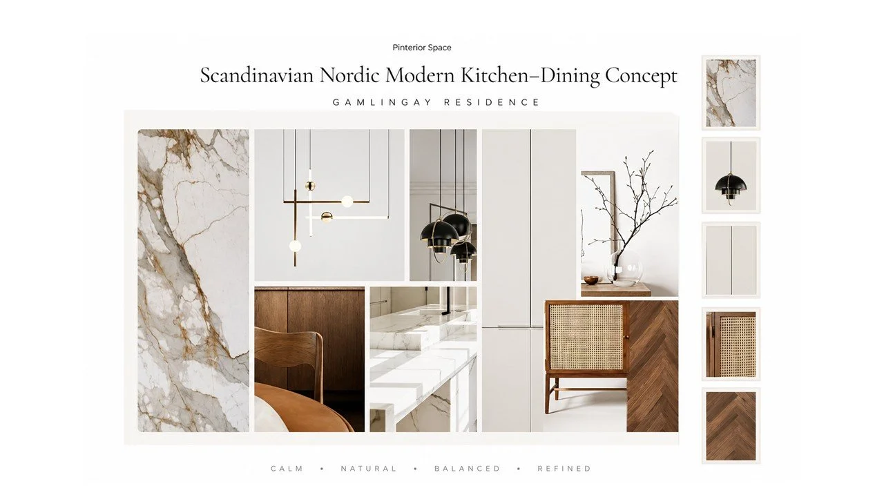 Scandinavian Nordic modern kitchen–dining design concept in Gamlingay featuring marble surfaces, natural wood textures, clean cabinetry and sculptural lighting