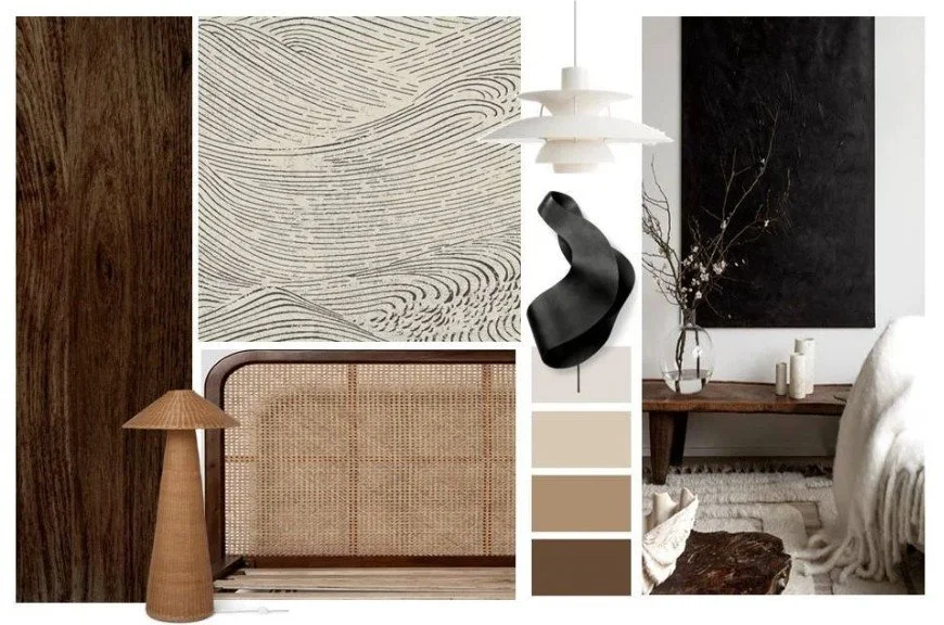 Japandi guest bedroom moodboard for the Gamlingay renovation, showing natural wood, rattan, sculptural lighting, and a neutral colour palette.