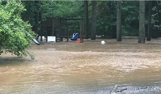 Flooded backyard with a wooden playset, slide, and swings underwater.