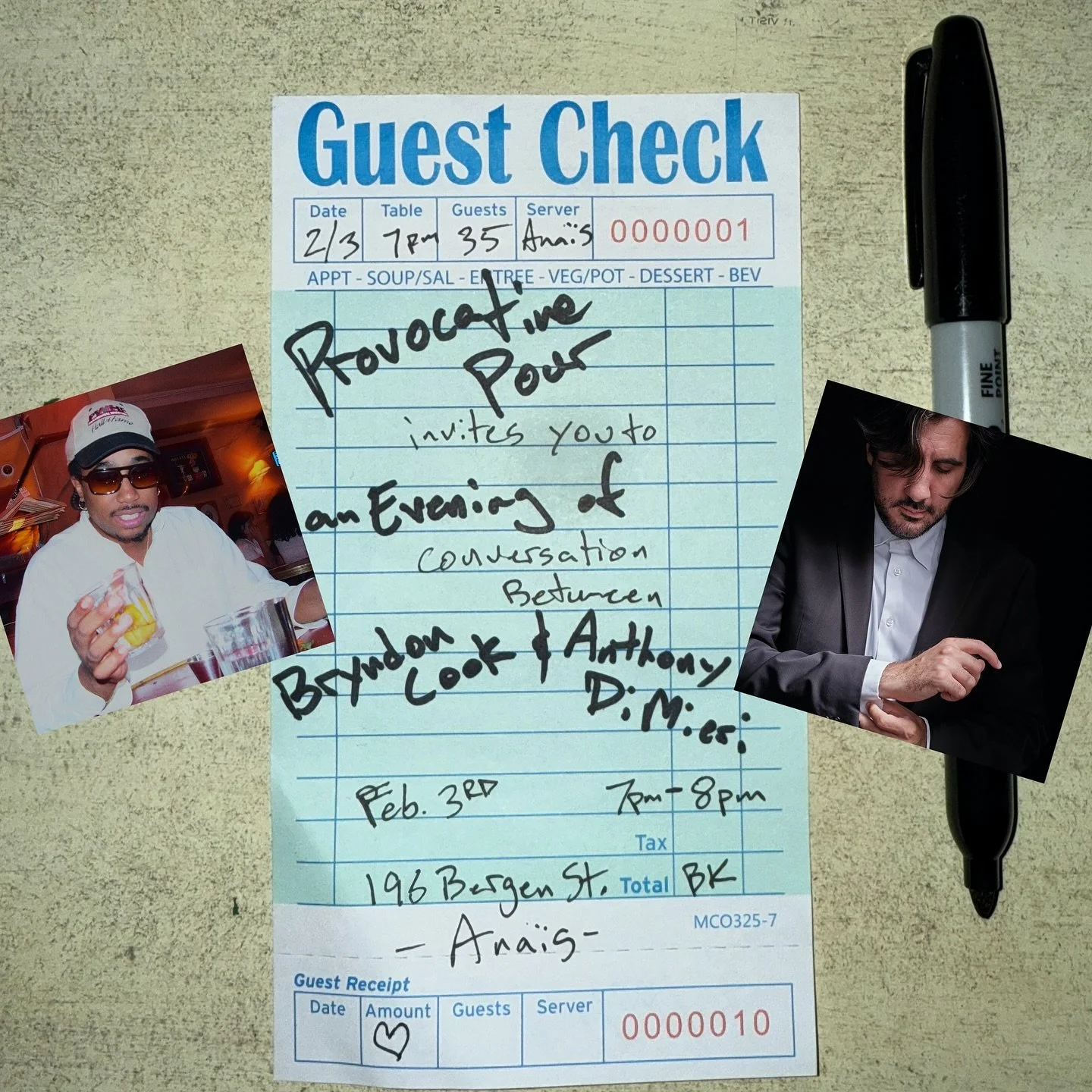 We welcome you to the first iteration of lecture series Provocative Pour on Tuesday, Feb 3. Eavesdrop on an intimate bar conversation between filmmaker Anthony DiMieri and artist Bryndon Cook hosted by Alex Rapine and Zoe Zelken. The night opens with