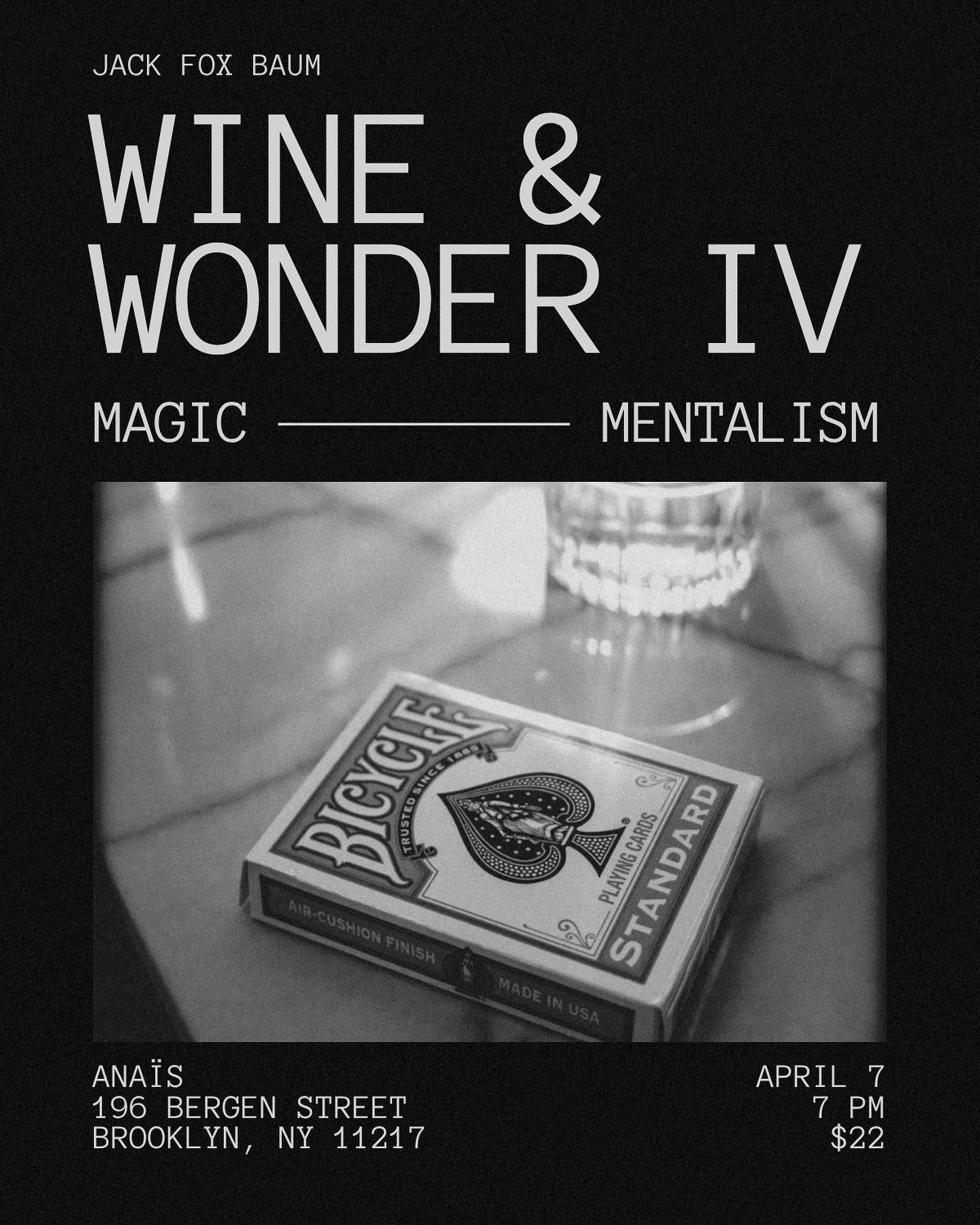 The fourth iteration of Jack Fox Baum&rsquo;s Wine &amp; Wonder takes place Tuesday, April 7th at 7pm. All new mentalism starts at 7:30 🪄 Tickets in bio, come early to get a seat!