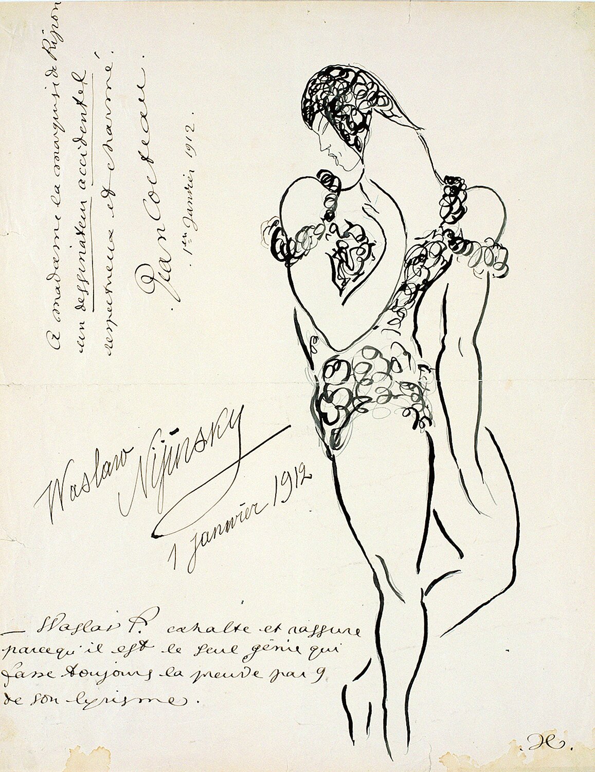 Zeichnung von Jean Cocteau: Nijinsky in "L'Après-midi d'un faune", signiert von Vaslaw Nijinsky (1. Januare 1912)