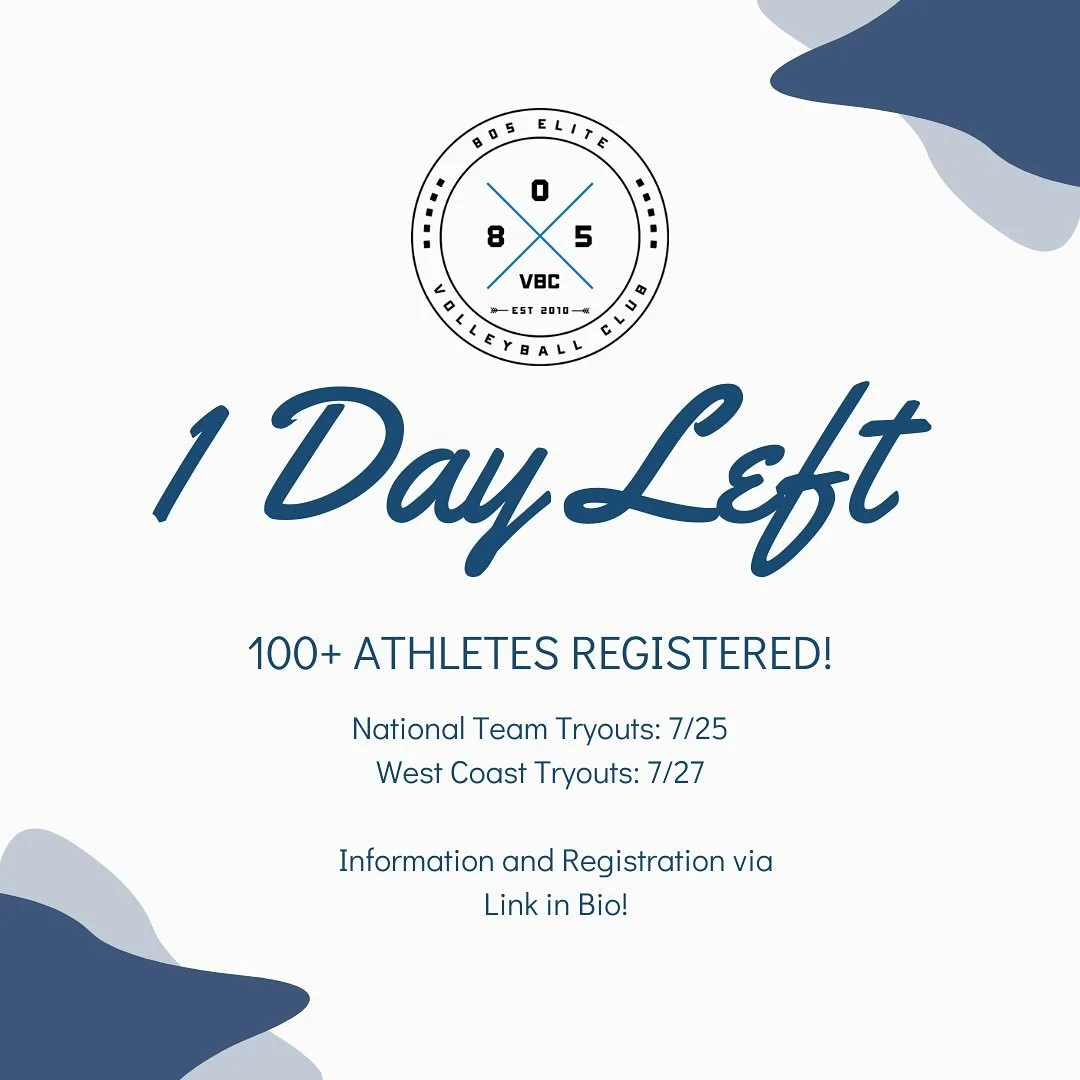 ONE MORE DAY until our 2025-2026 Season kicks off with tryouts! We have over 100 players registered for our 15, 16, and 17 National and West Coast Teams!
We recommend anyone else wanting to play for our teams get registered as soon as possible so ou