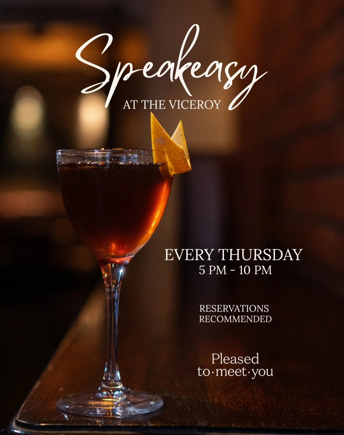 Speakeasy Thursdays🍸 

Introducing your new Thursday ritual at Pleased to Meet You. ✨

Chilled vibes, tropical house, table service and exclusive cocktail menu. 

Launching Thursday 2nd April. 

Reserve your table via link in bio 🔗