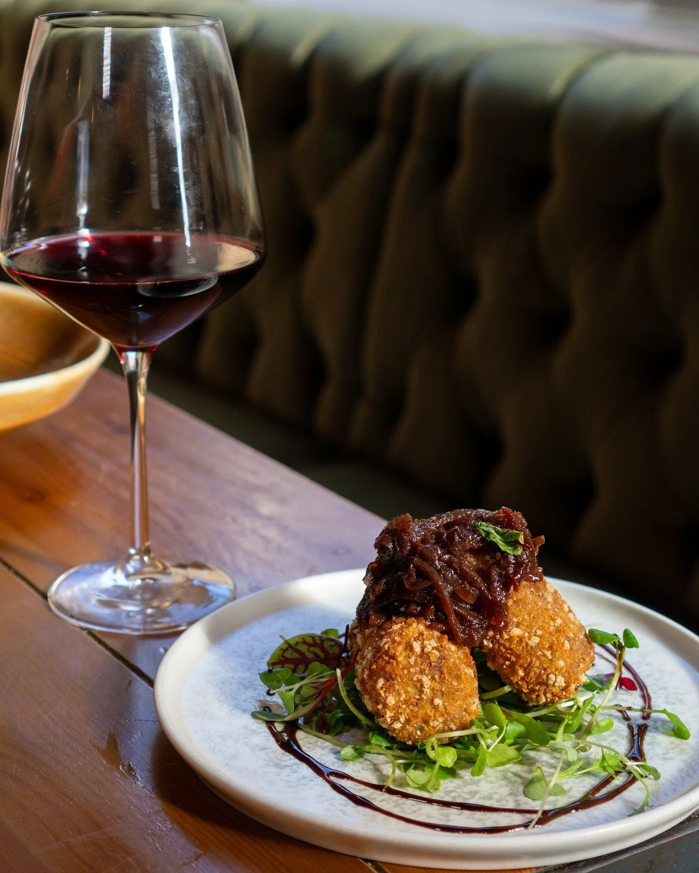 No need to overthink Monday 😉

Something like this on the table and the rest sorts itself out.

Slow cooked beef short croquette, smoky BBQ sauce and watercress.

Main menu served 12&ndash;9:30pm, Monday&ndash;Saturday.

Book table via link in bio ?