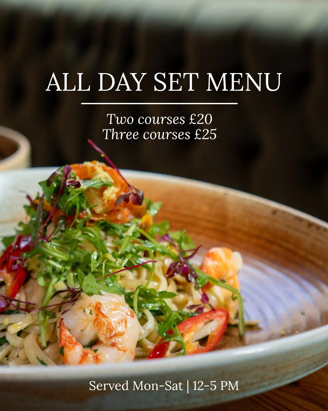 Two courses for &pound;20 or three for &pound;25 from our all day set menu.

Easy choice for catch ups, early date nights or making more of the afternoon than originally planned 🥂

Served Monday&ndash;Saturday, 12&ndash;5pm.

Book table via link in 