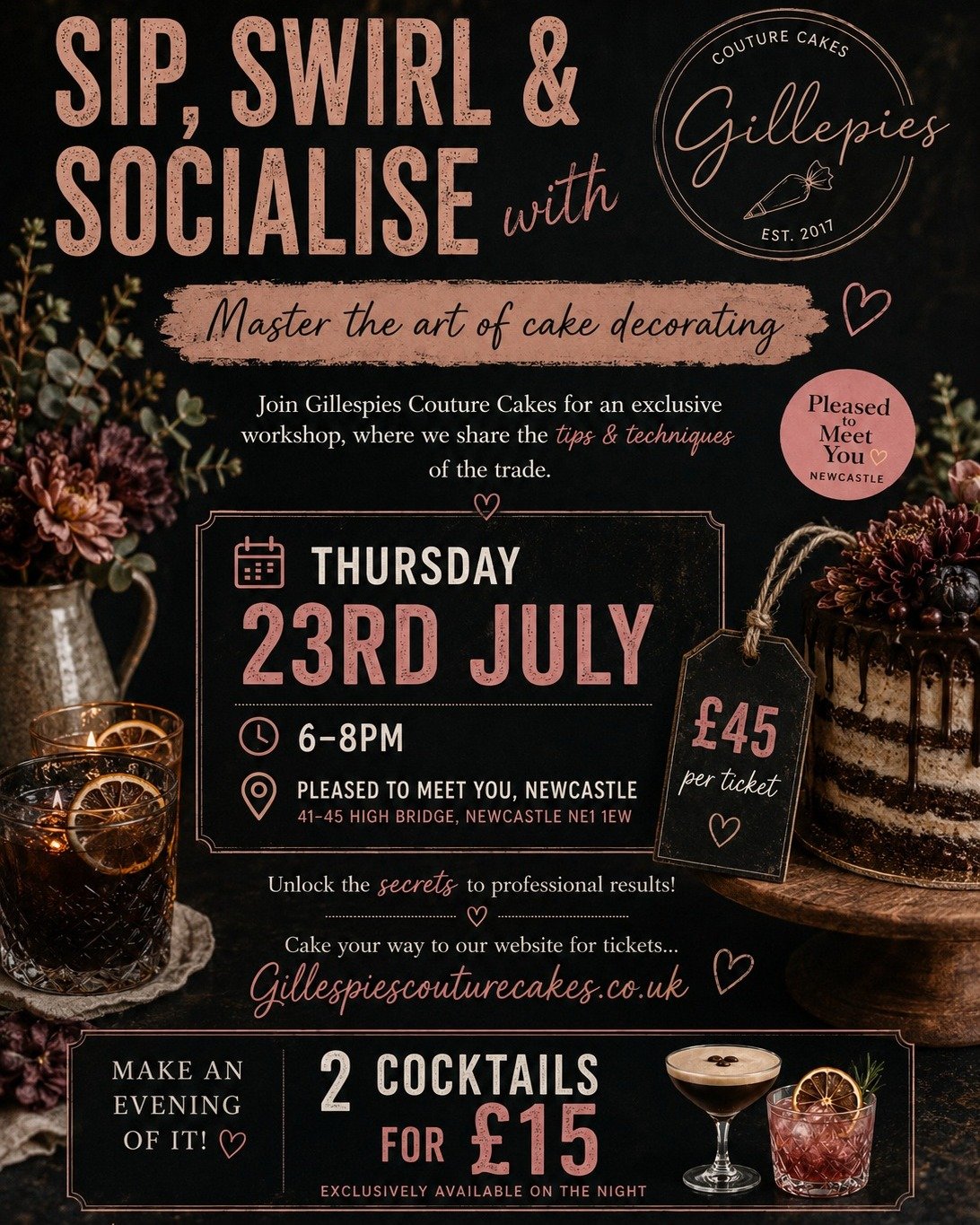 Something a little different for your summer plans 🎂🍸

Join @gillespies_couture_cakes at Pleased To Meet You Newcastle for an evening of cake decorating, cocktails and good company.

Learn professional tips and techniques in a relaxed, social setti