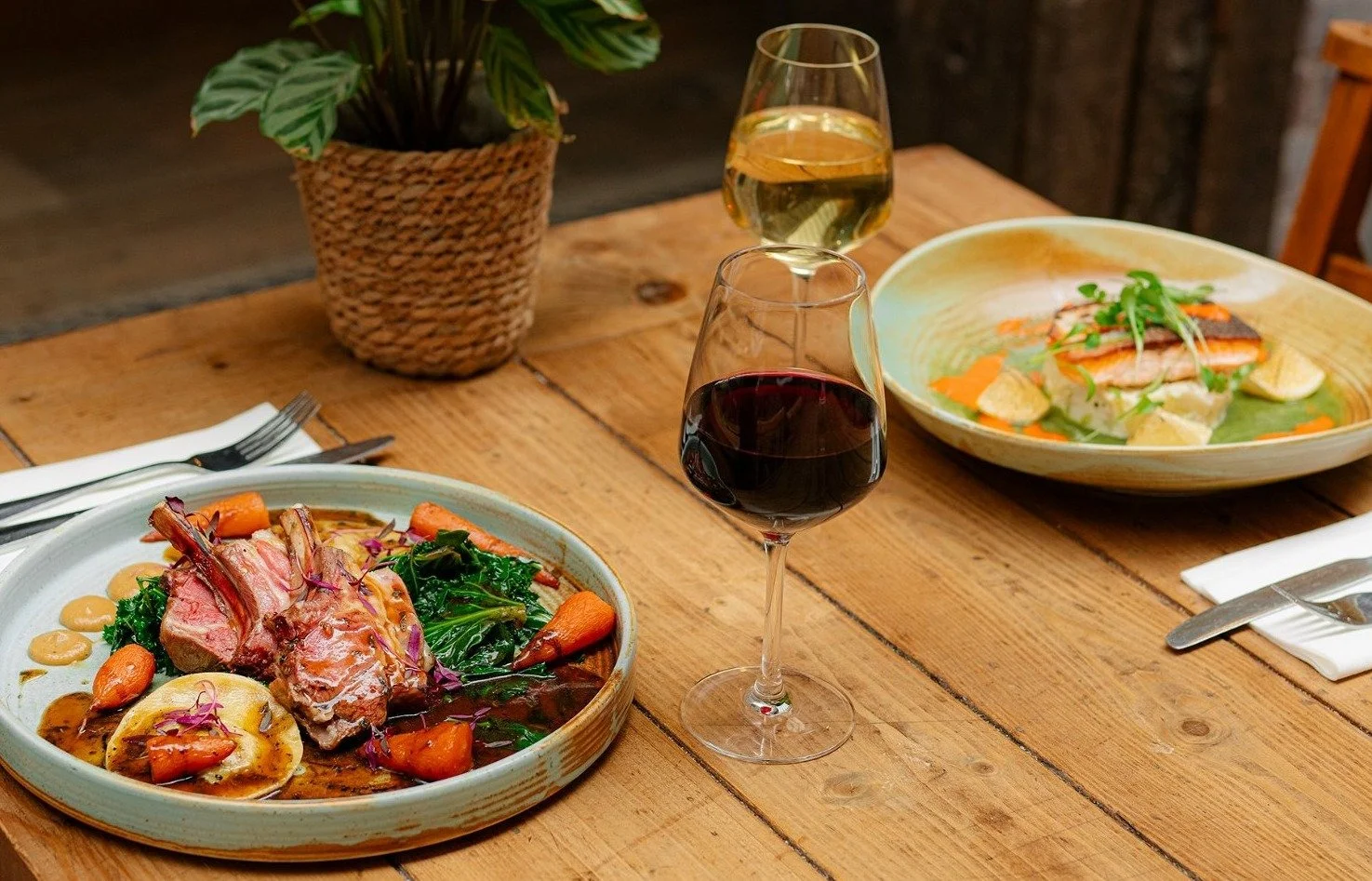 A wooden table set with two plates of food, two glasses of wine (red and white), and a potted plant in the background.