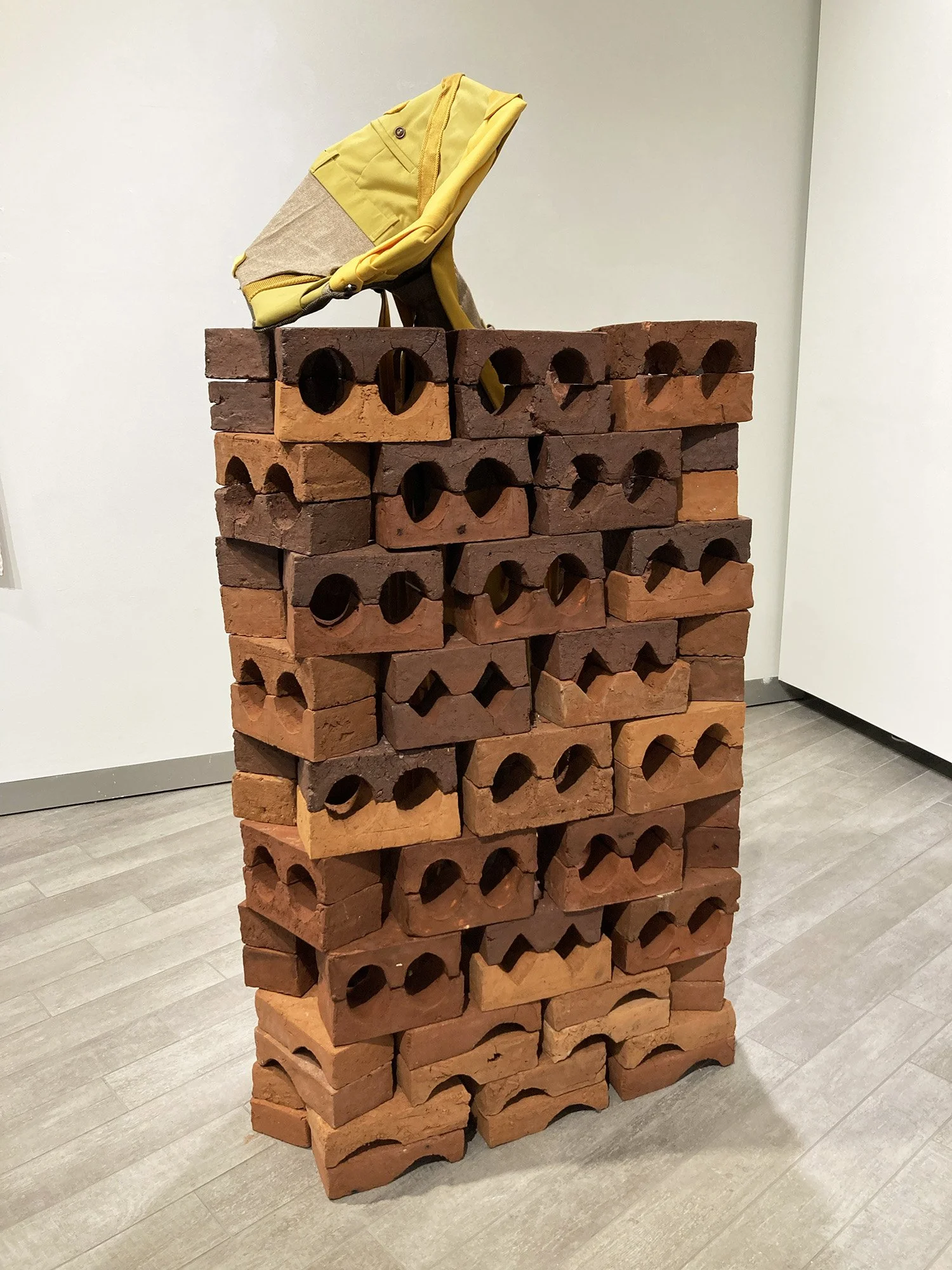 House of D: Voices Out the Window, Stories on the Ground
Handmade bricks made from locally harvested clay, clothing
61”T x 36”W

