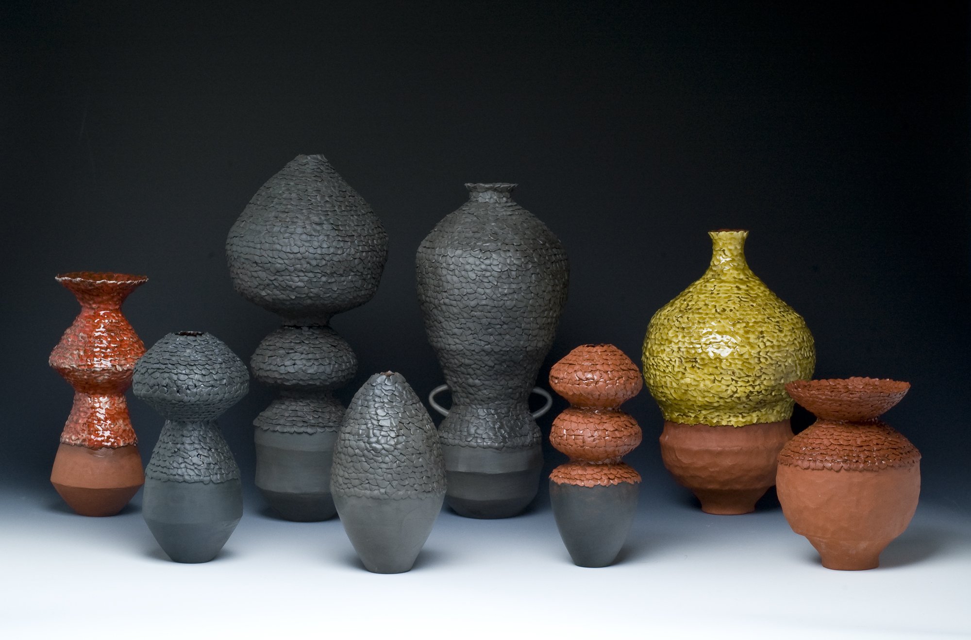 Torn Topographies,
Pit-fired earthenware with terra sigillata and glaze,
14”T x 30”W x 10”D
