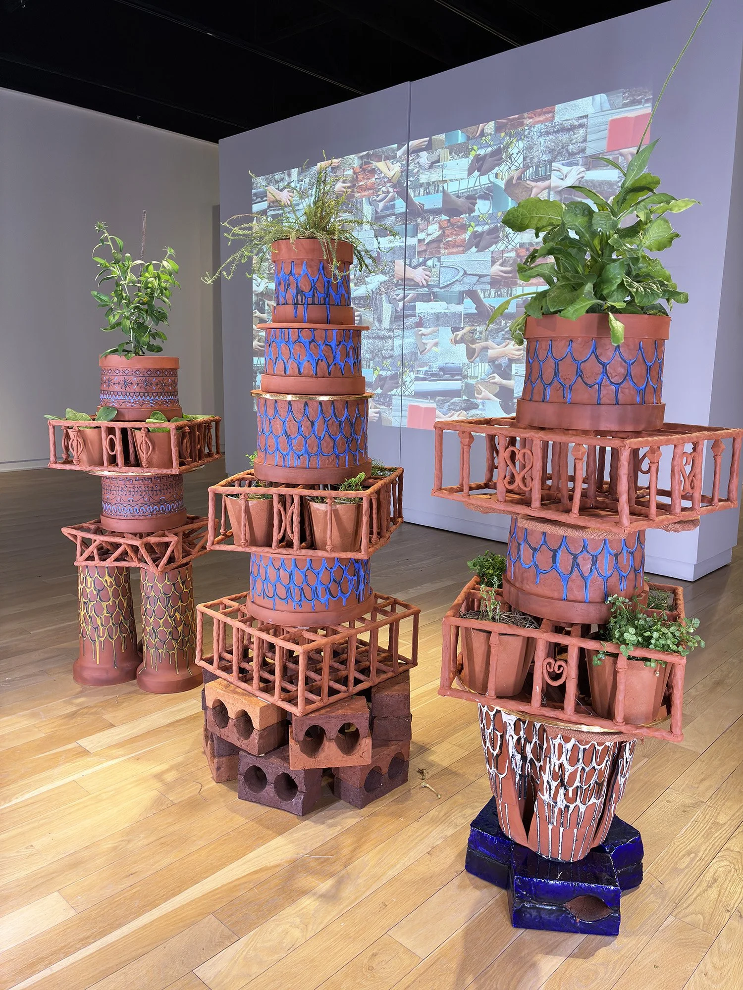 Belies of the Storied Spectacle
Earthenware, glaze, plants, 
55”T x 25”L x 25”D (center piece)
2026