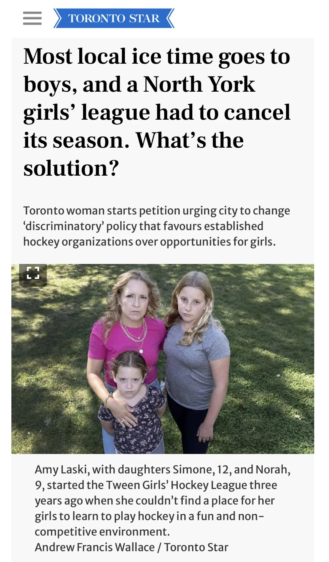 Toronto Star article about ice time equity