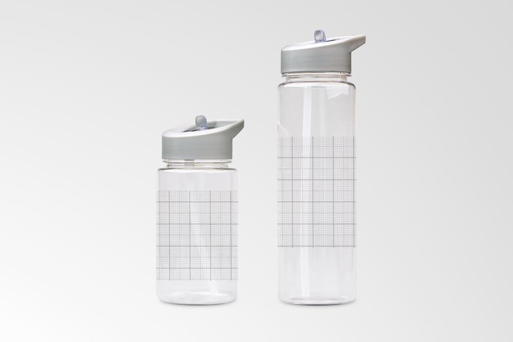 Two transparent plastic water bottles with grid patterns and gray flip-top lids on a light background.