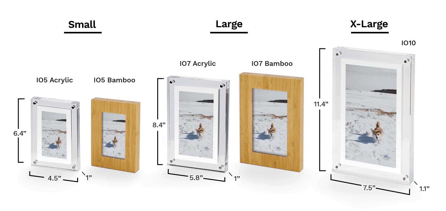 Various sizes of picture frames labeled small, large, and x-large, with measurements and materials like acrylic and bamboo displayed.