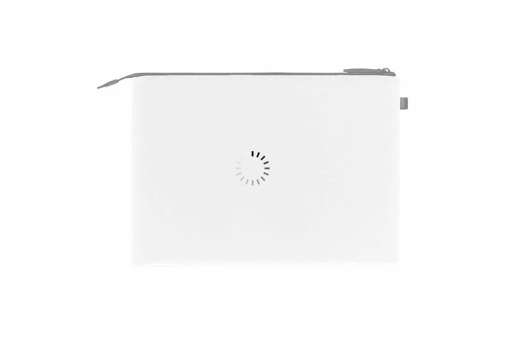 White zippered pouch with loading circle