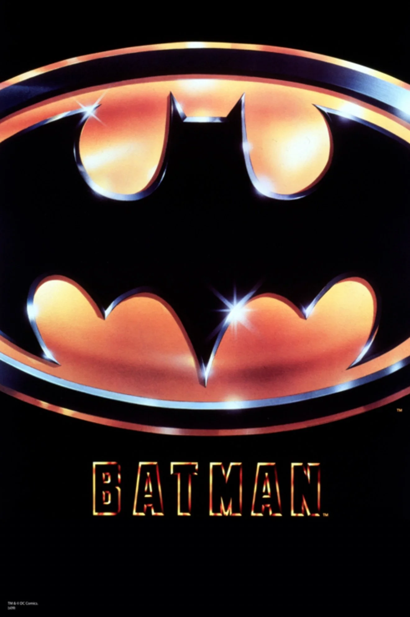 The Batman logo on a golden, horizontal oval. The word "Batman" in black and lined in golden chrome.