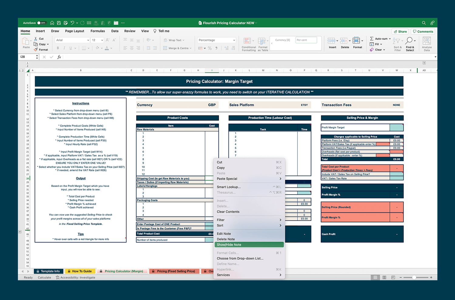 Screenshot of the Flourish Pricing Calculator in Excel with a dialog box showing