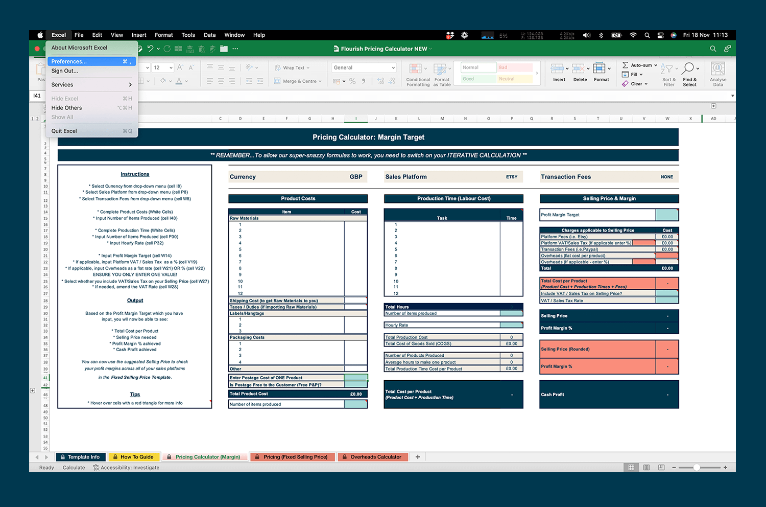 Screenshot of a Flourish Pricing Calculator on Excel, showing the drop down from the 'Excel' header