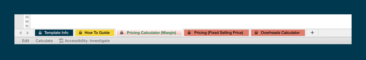 Screenshot of the bottom of an Excel workbook with 5 coloured tabs along the bottom