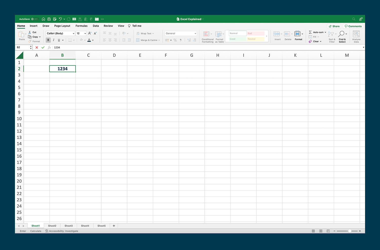 Screenshot of an Excel workbook with the numbers '1234' added into cell B2
