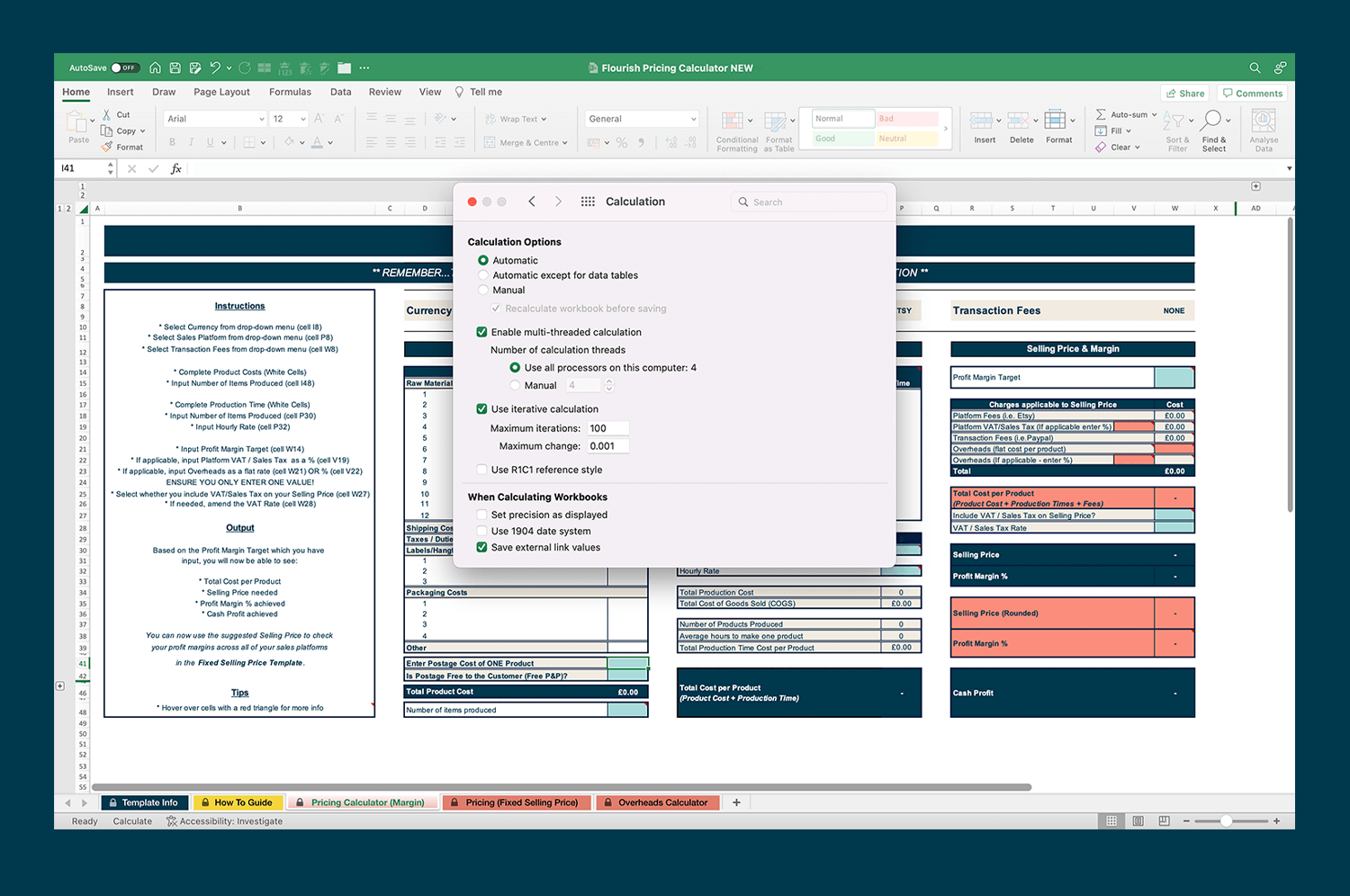 Screenshot of a Flourish Pricing Calculator on Excel with the 'Calculation' dialog box showing
