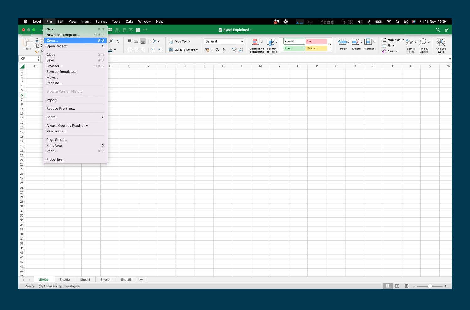 An Excel workbook with the File dropdown showing and highlighted on 'Open'