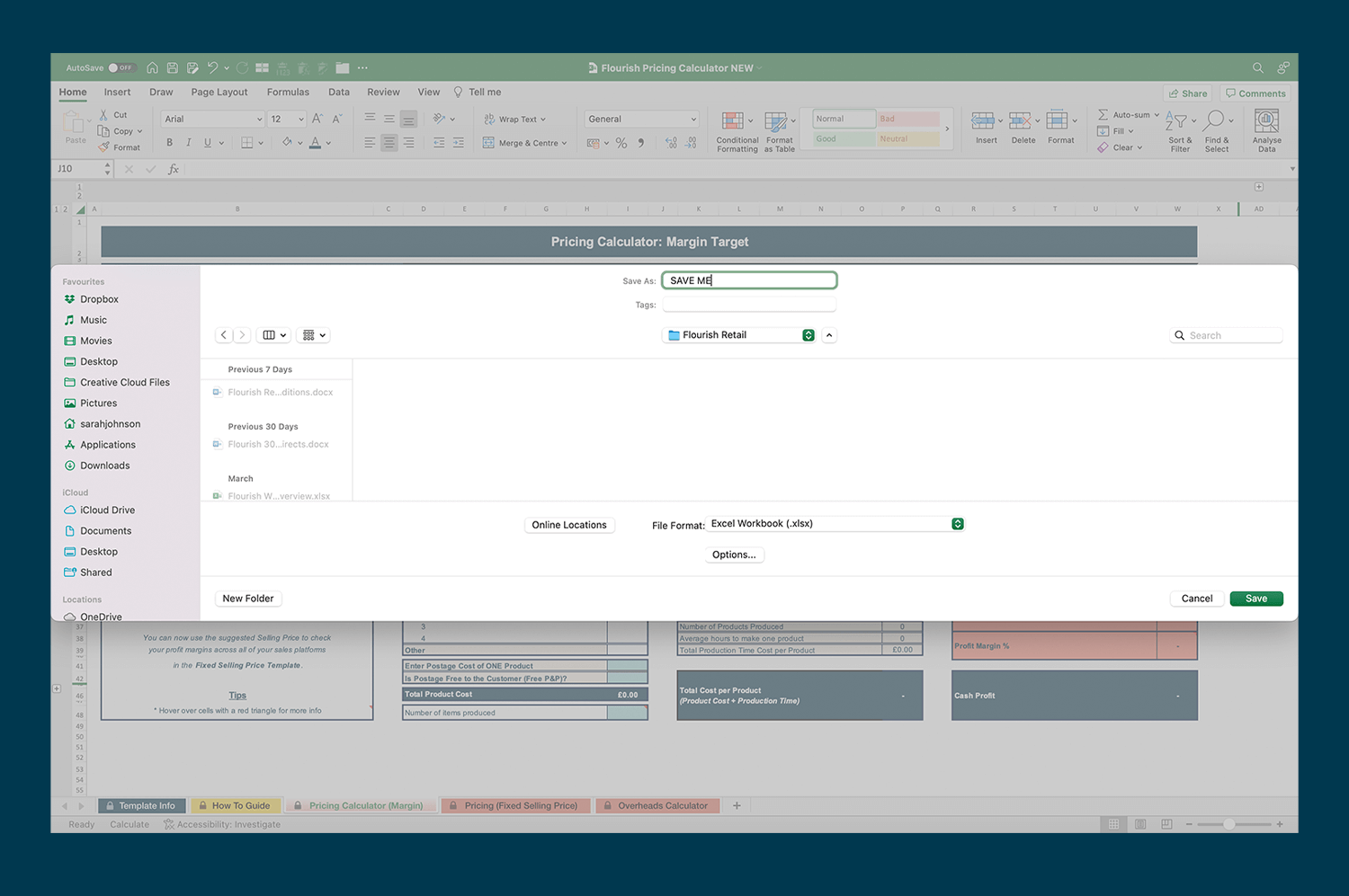 Screenshot of an Excel spreadsheet showing the 'Save As' dialog box