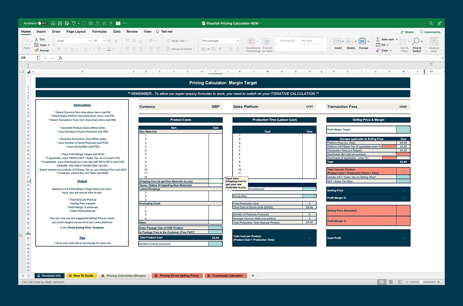Screenshot of the Flourish Pricing Calculator in Excel with a comment box showing