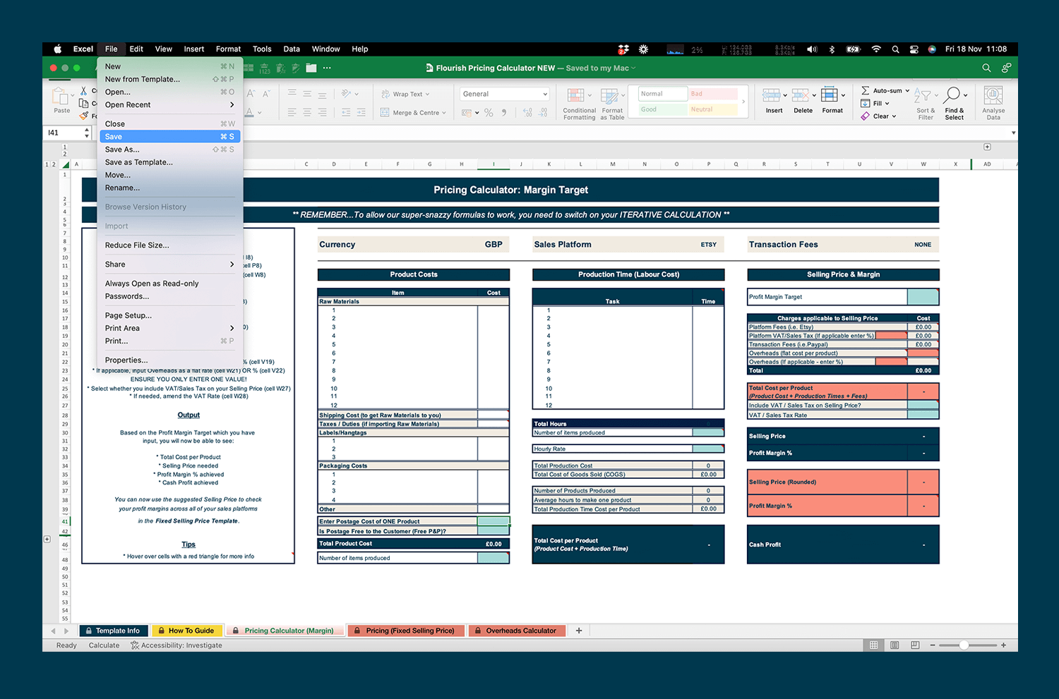 A screenshot of the Flourish Pricing Calculator in Excel with the file dropdown showing and 'Save' highlighted