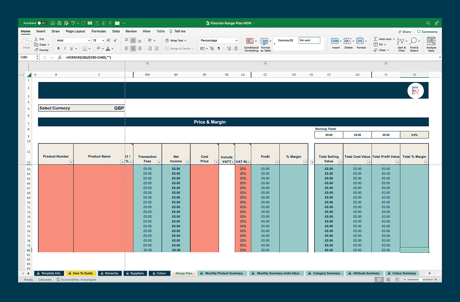Screenshot of the Flourish Range Plan in Excel