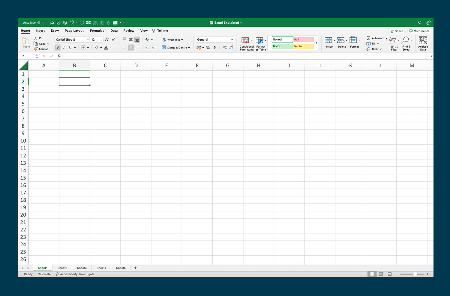 Screenshot of an Excel workbook with the cell B2 highlighted