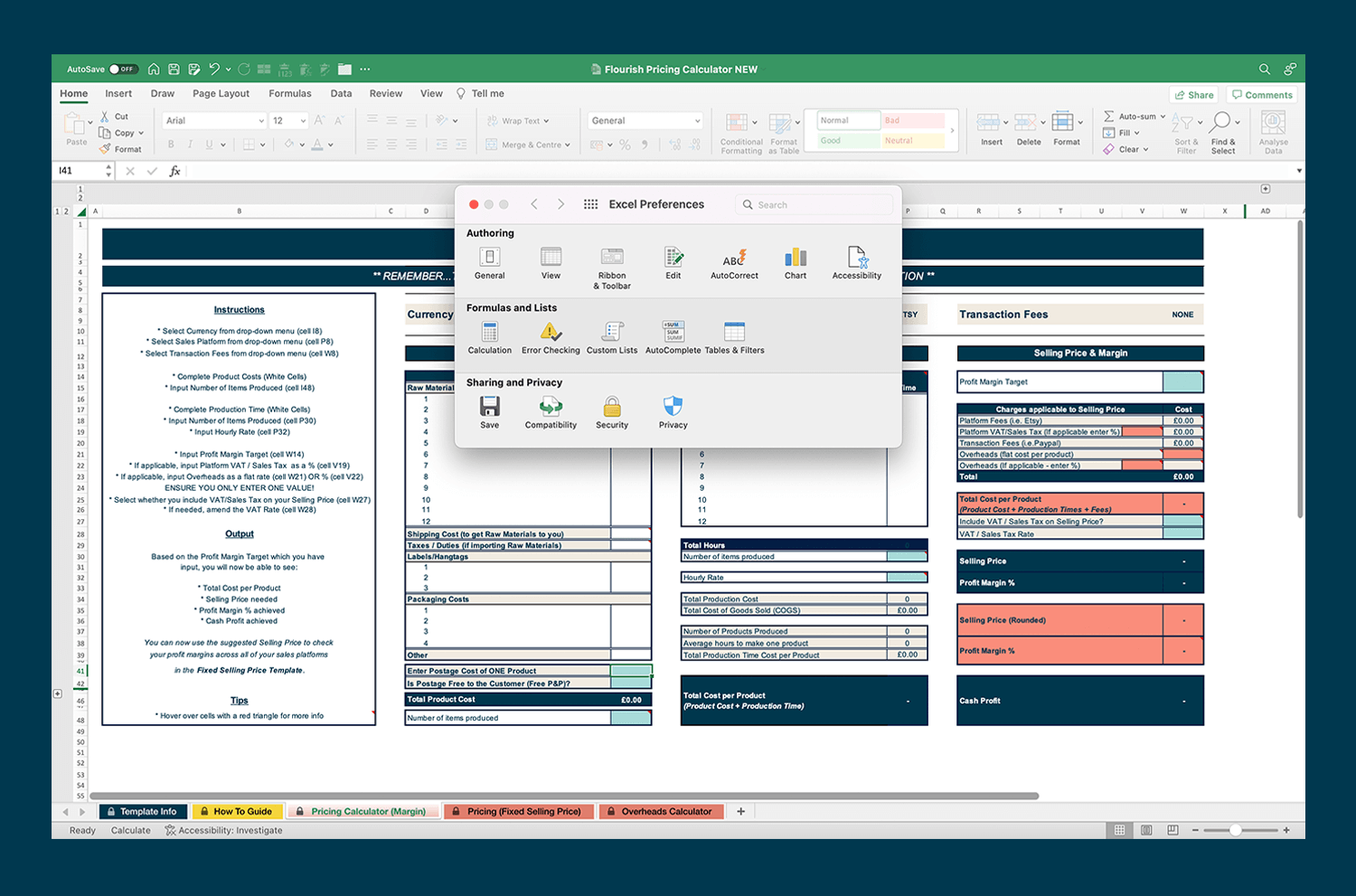 Screenshot of a Flourish Pricing Calculator on Excel with the 'Excel Preferences' dialog box showing