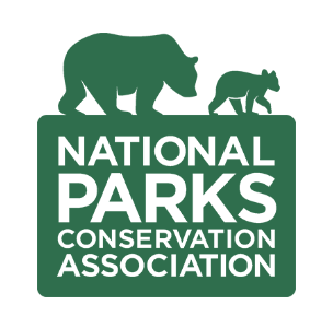 Logo of the National Parks Conservation Association featuring a bear and a smaller animal walking on a green background with white text.