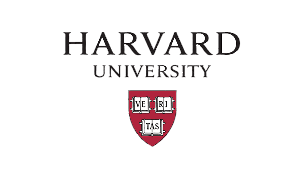 Harvard University logo with black text and red shield featuring the Latin words 'Veritas' across three open books.