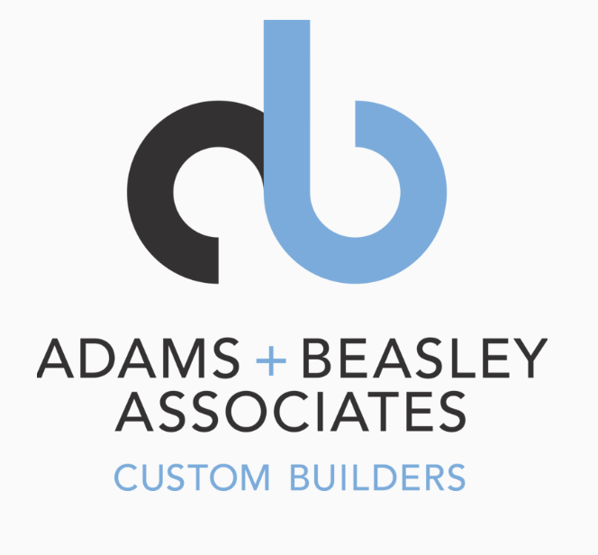 Logo for Adams + Beasley Associates with stylized black and blue letter 'b' and text indicating custom builders.