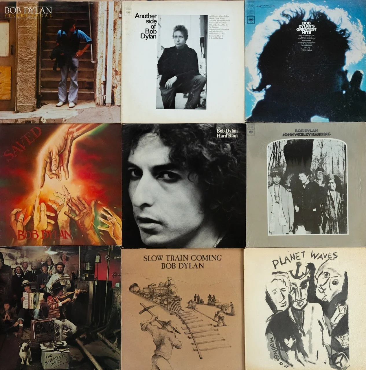 Nine Bob Dylan vinyl album covers arranged in a grid, featuring various photography and artwork, including black-and-white and colored images of Dylan and band members.