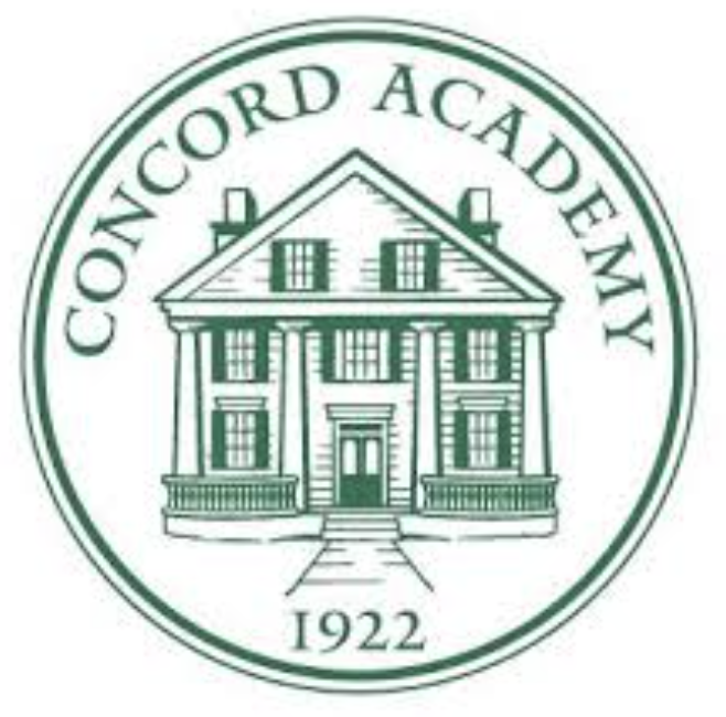 Logo for Concord Academy featuring a drawing of a large, historic house with four windows on each side, a central door with steps leading up to it, and a circular border with the text "CONCORD ACADEMY" at the top and "1922" at the bottom.