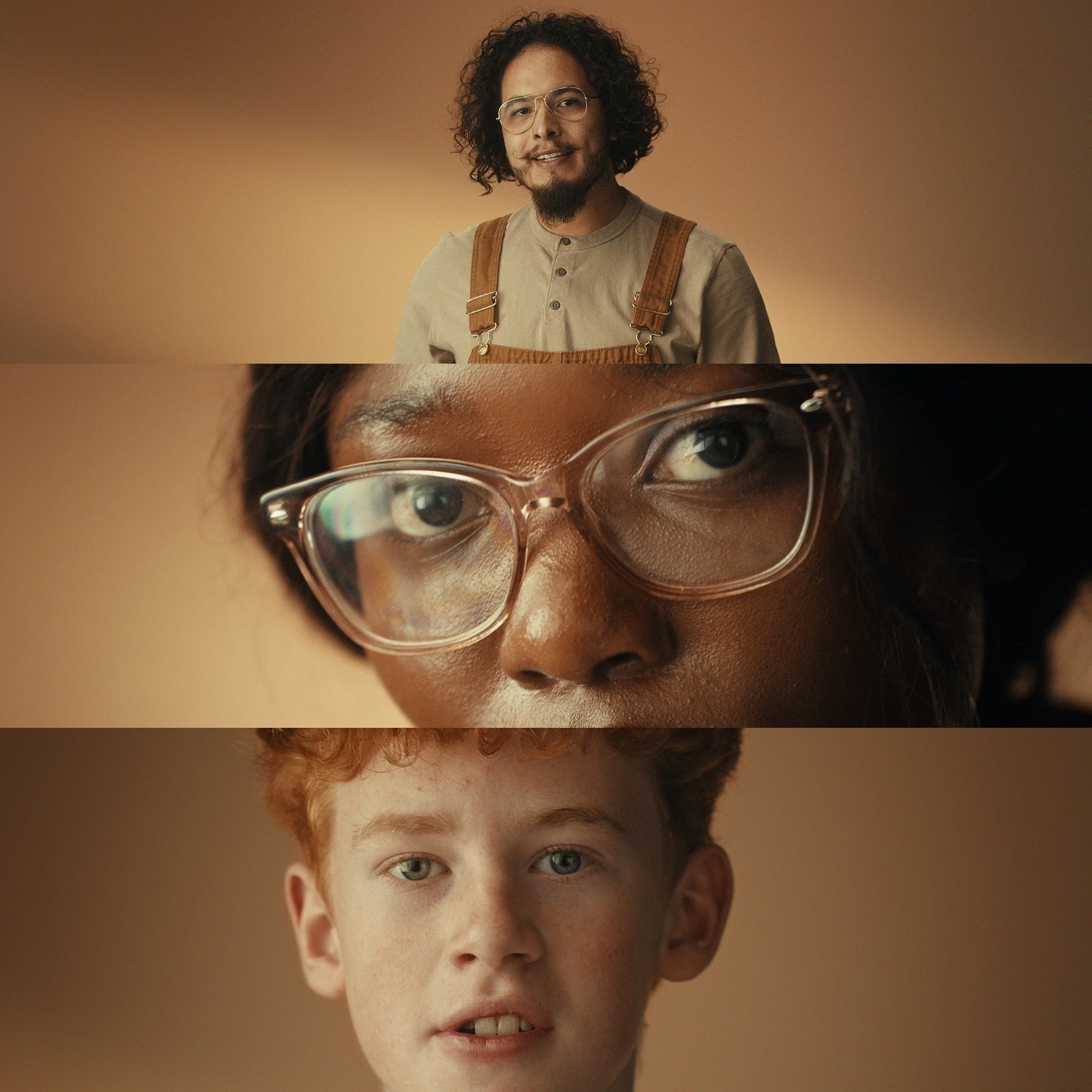 Split image with three sections: top shows a man with curly hair, glasses, and a friendly expression; middle shows a close-up of a woman's eyes with glasses; bottom shows a young red-haired boy with blue eyes looking at the camera.
