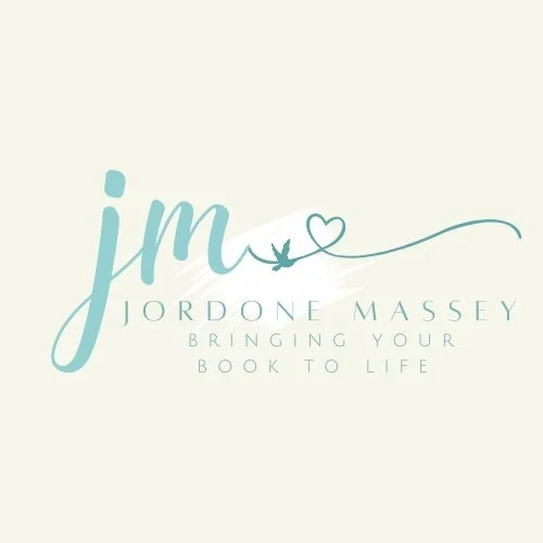 A logo with the words "I'm Jordone Massey" and the tagline "Bringing your book to life" in light blue text, accompanied by a small bird and heart graphic.
