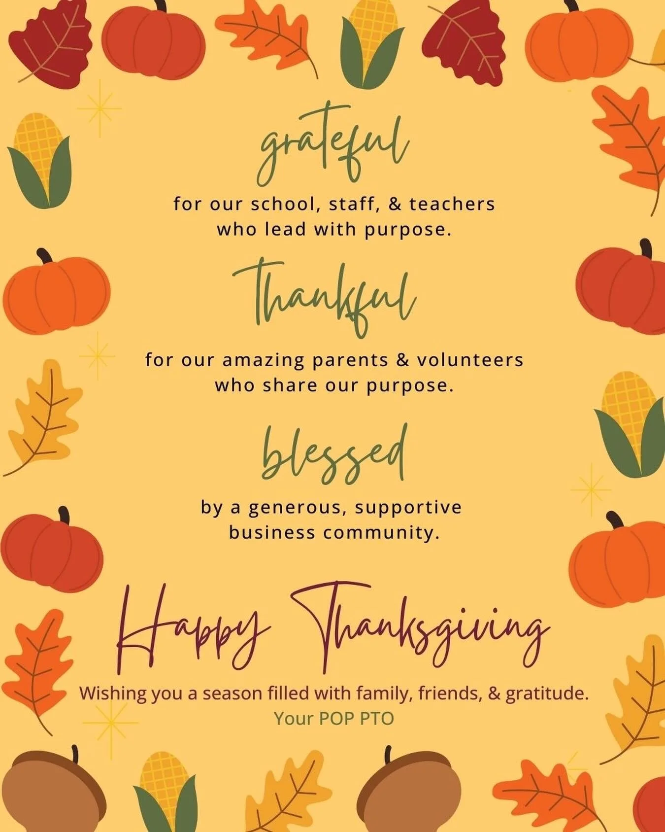 Grateful. Thankful. Blessed. 🧡
This season, we&rsquo;re especially grateful for our amazing school, staff, and teachers, thankful for our involved parents and volunteers, and blessed by a generous, supportive business community.
Happy Thanksgiving f