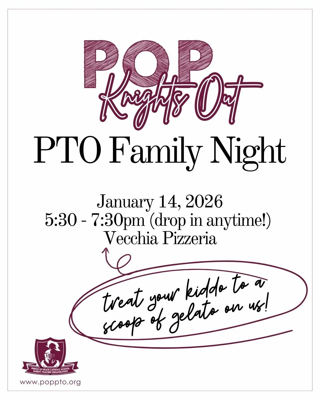 Join us for a PTO Family Night (no meeting!) at Vecchia Pizzeria on Wednesday, January 14 anytime between 5:30&ndash;7:30 PM. Come grab dinner, say hi, and let the kids enjoy a scoop of gelato on us! 🍨No agenda&mdash;just community. See you there!