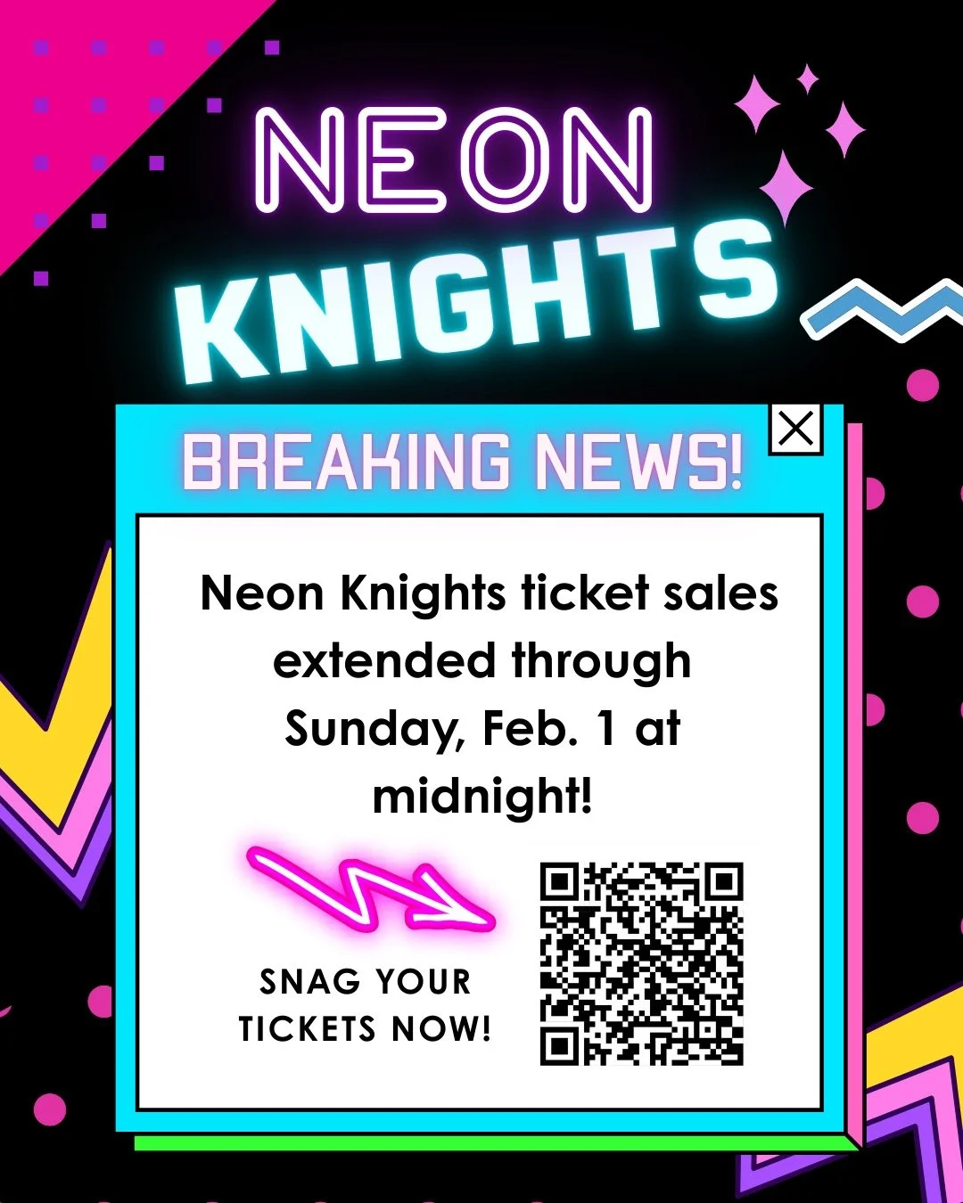 🚨 FINAL Ticket Deadline Extension 🚨
Tickets for Neon Knights are now available through Sunday, Feb 1 at 11:59 PM.
After that, we have to finalize numbers. If you&rsquo;re coming, grab your seats now!
🎟️ Link in bio!