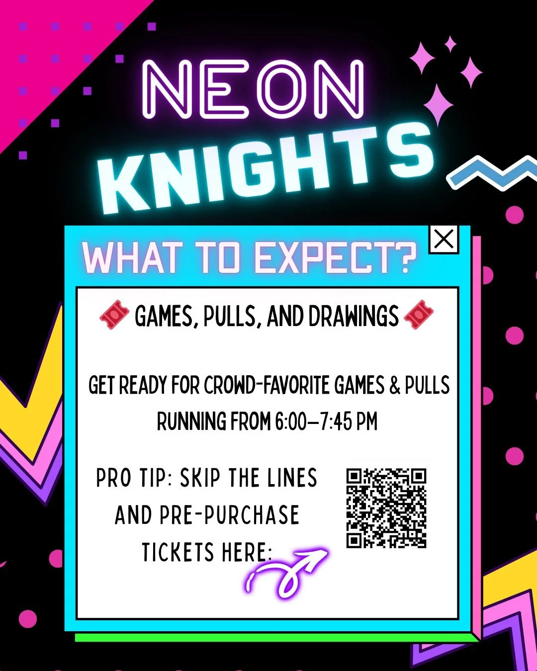 PRO TIP: If you love a smooth, no-wait night&hellip; pre-purchase your games + pulls tickets. 😎✨
Games + pulls run 6:00&ndash;7:45 PM, and lines can build fast.

🎫 Buy ahead via the ticketing link or scan the QR code on the graphic to see the full 