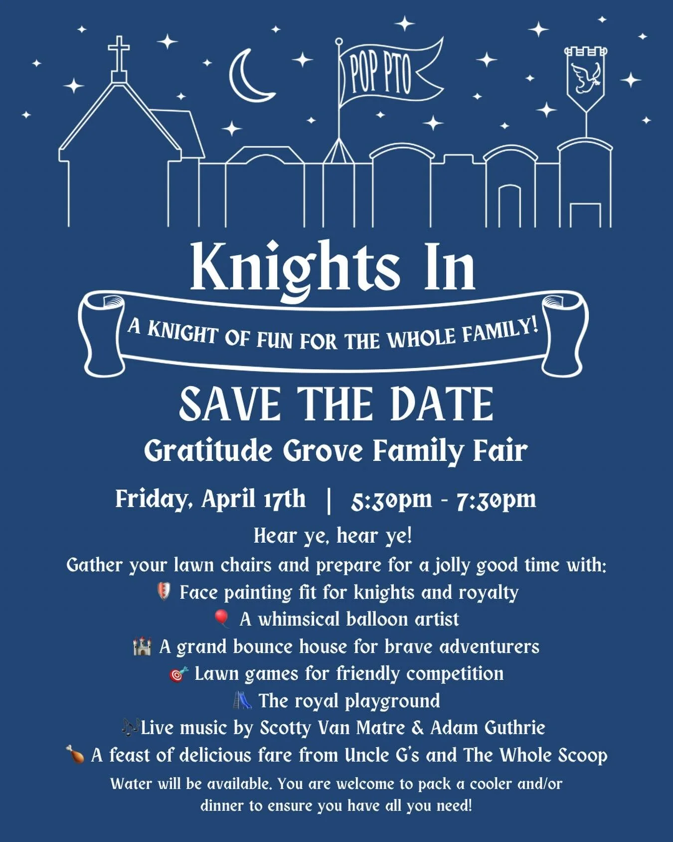 Save the date, POP families! 💙
Join us for Knights In: Gratitude Grove Family Fair on Friday, April 17 | 5:30&ndash;7:30 PM for a night of family fun, live music, games, food, and sweet time together.

Bring your lawn chairs and get ready for face p