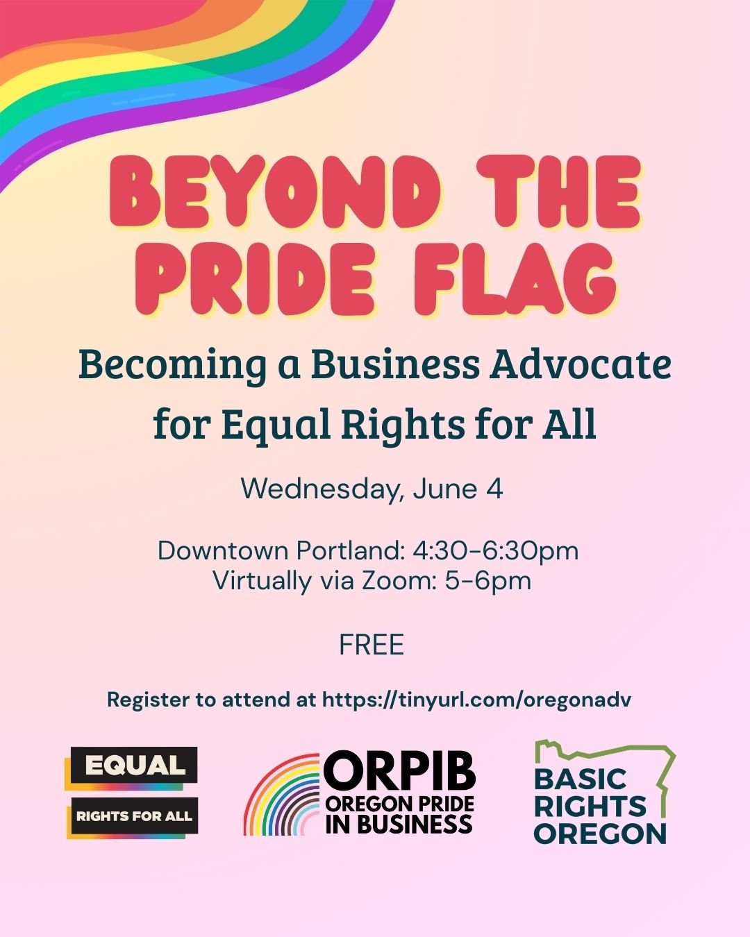 ⚠️ Our Beyond the Pride Flag event with @orprideinbiz is happening TOMORROW!

🗓 Wednesday, June 4
🕟 4:30&ndash;6:30 PM (in-person) | 5:00&ndash;6:00 PM (virtual)
📍Downtown Portland
💵 No cost to attend, donations to BRO or ORPIB are welcome
🔗Lear