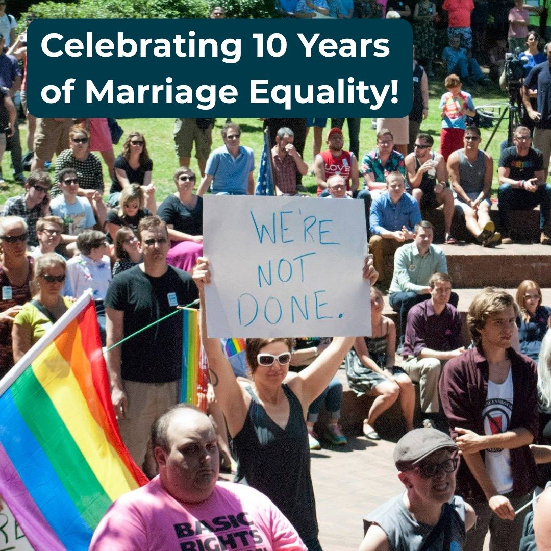 Today marks ten years since the Supreme Court case that brought marriage equality nationwide! 

Here are some scenes from our celebration a decade ago. A lot has changed in our communities and in our movement since then, but one thing remains the sam